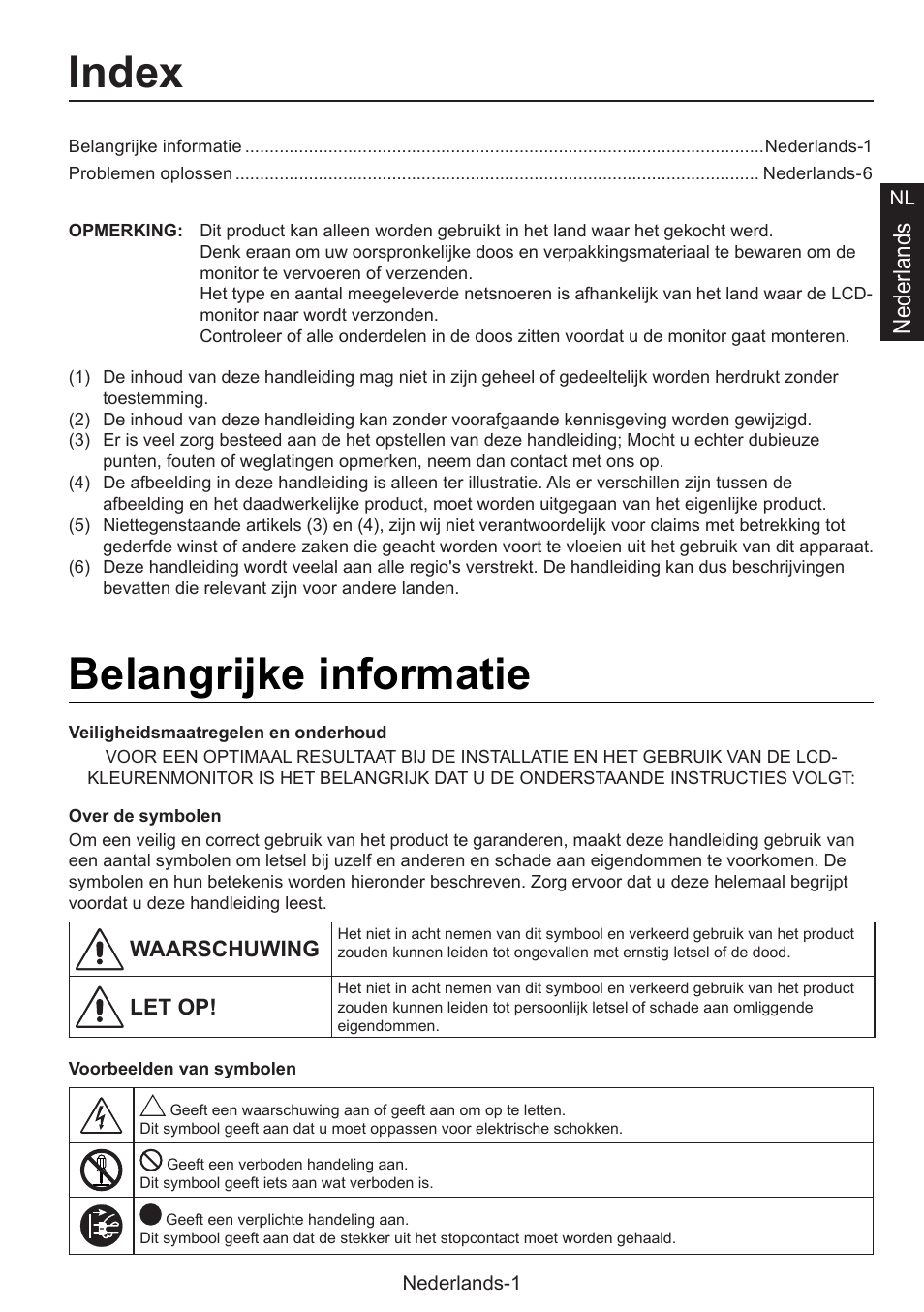Installatiehandleiding, Index, Belangrijke informatie | Nederlands | NEC MultiSync E274FL 27" Monitor User Manual | Page 111 / 176