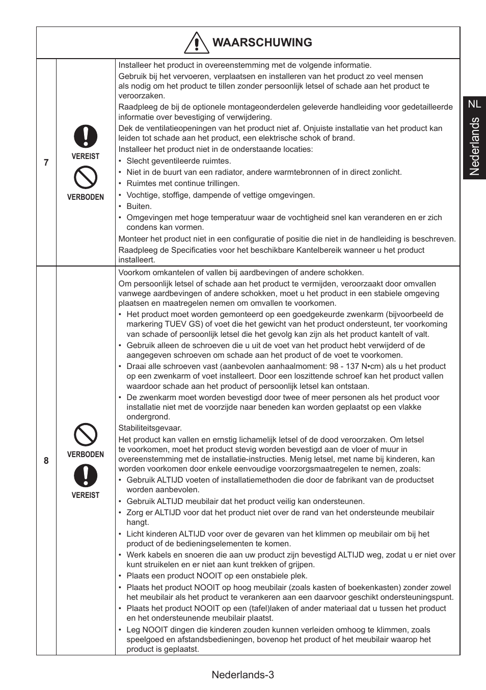 Nederlands, Waarschuwing, Nederlands-3 nl | NEC MultiSync E274FL 27" Monitor User Manual | Page 113 / 176