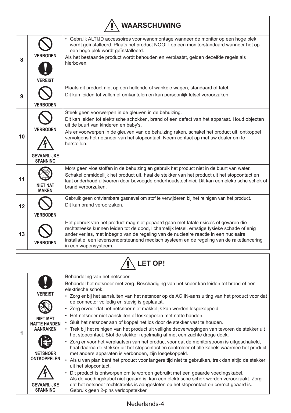 Waarschuwing, Let op, Nederlands-4 | NEC MultiSync E274FL 27" Monitor User Manual | Page 114 / 176