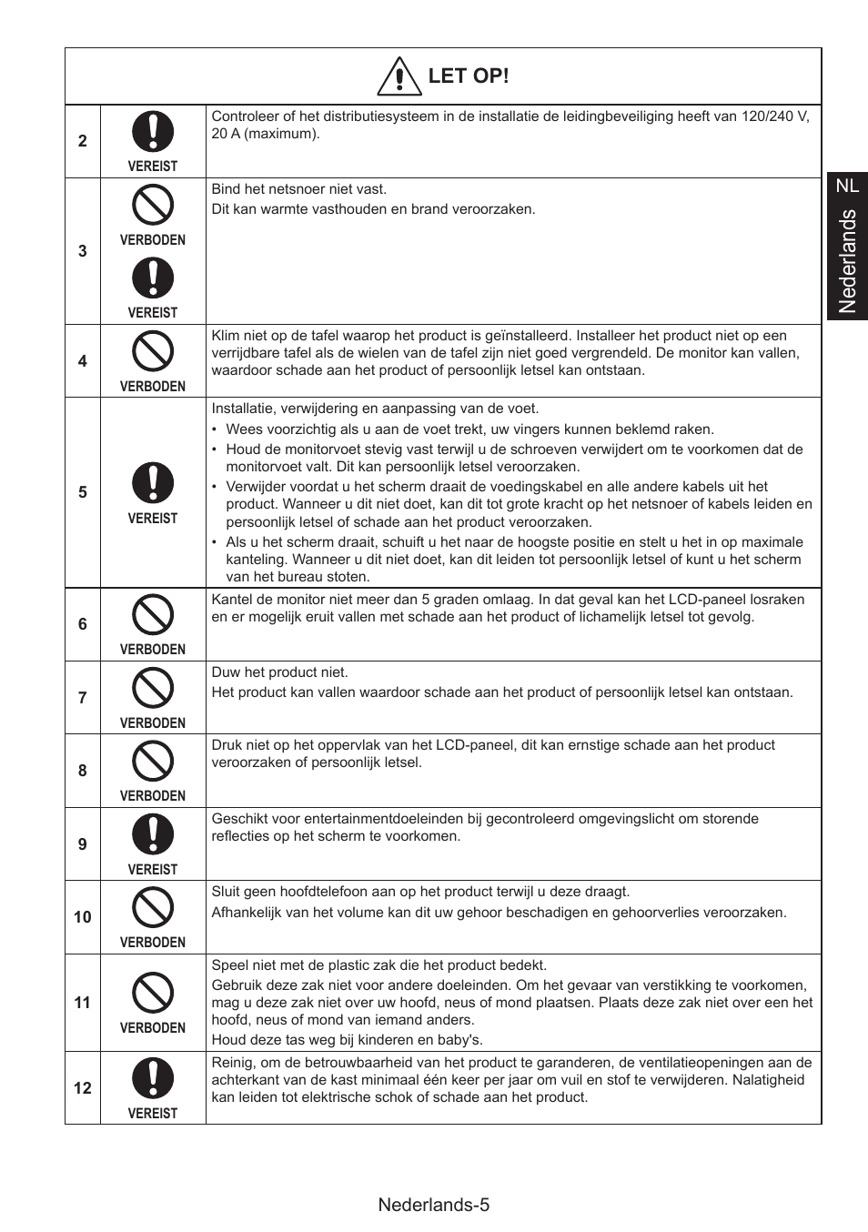 Nederlands, Let op, Nederlands-5 nl | NEC MultiSync E274FL 27" Monitor User Manual | Page 115 / 176