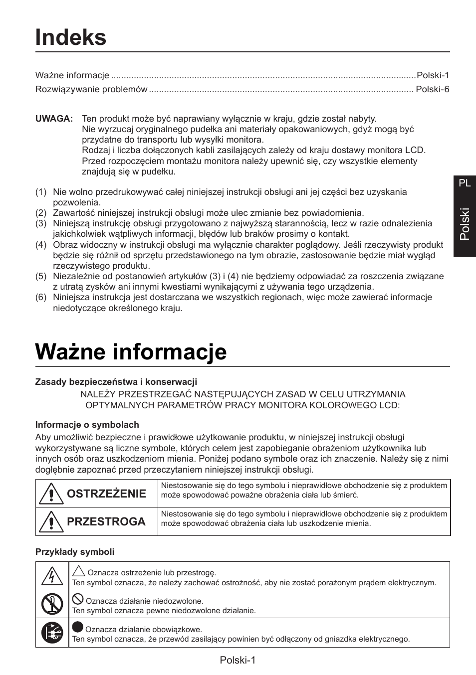 Instrukcja konfiguracji, Indeks, Nażne informacje | Polski | NEC MultiSync E274FL 27" Monitor User Manual | Page 117 / 176