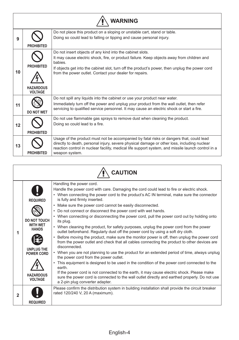 Warning, Caution, English-4 | NEC MultiSync E274FL 27" Monitor User Manual | Page 12 / 176