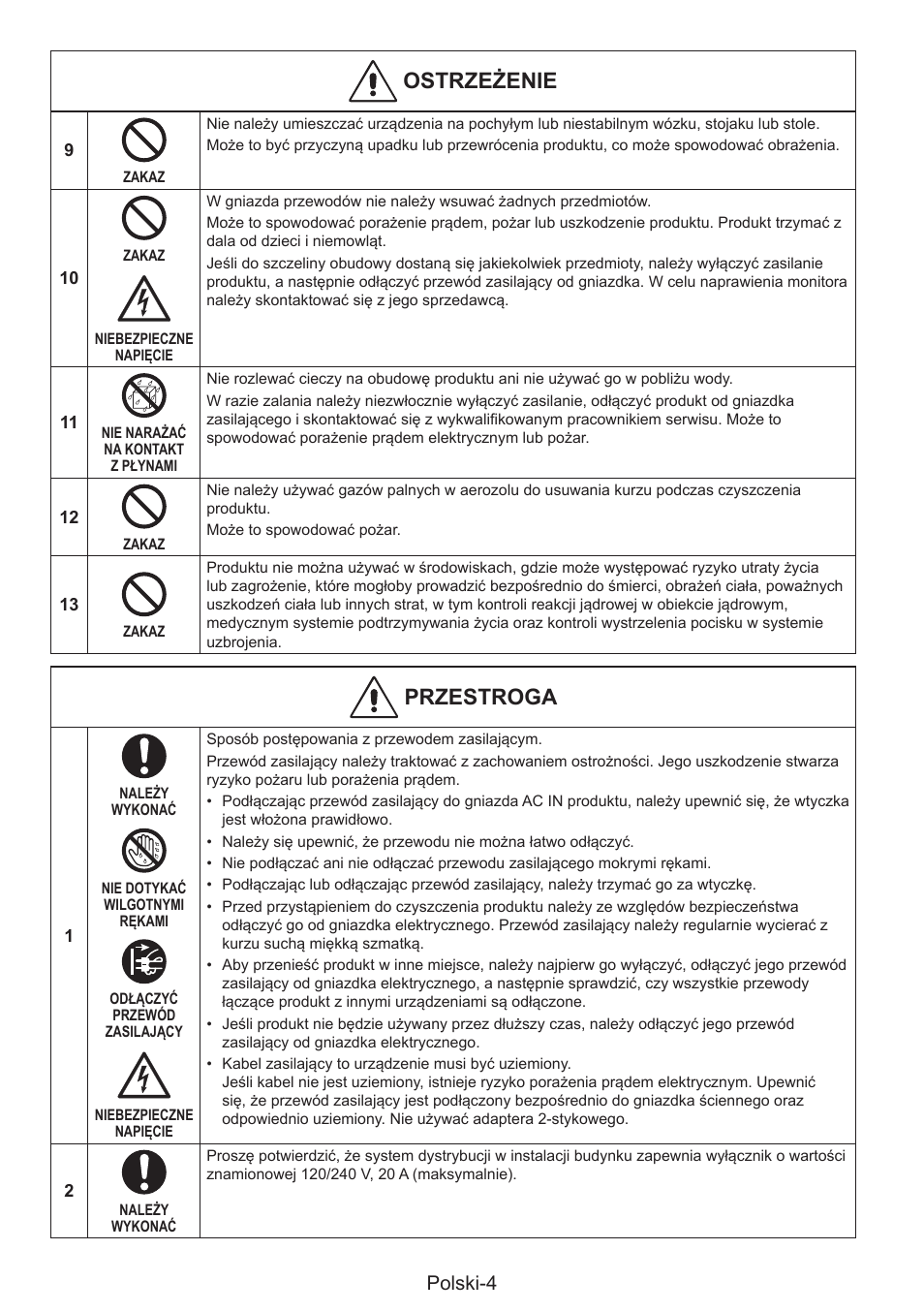 Niorotżtht, Przestroga, Polski-4 | NEC MultiSync E274FL 27" Monitor User Manual | Page 120 / 176