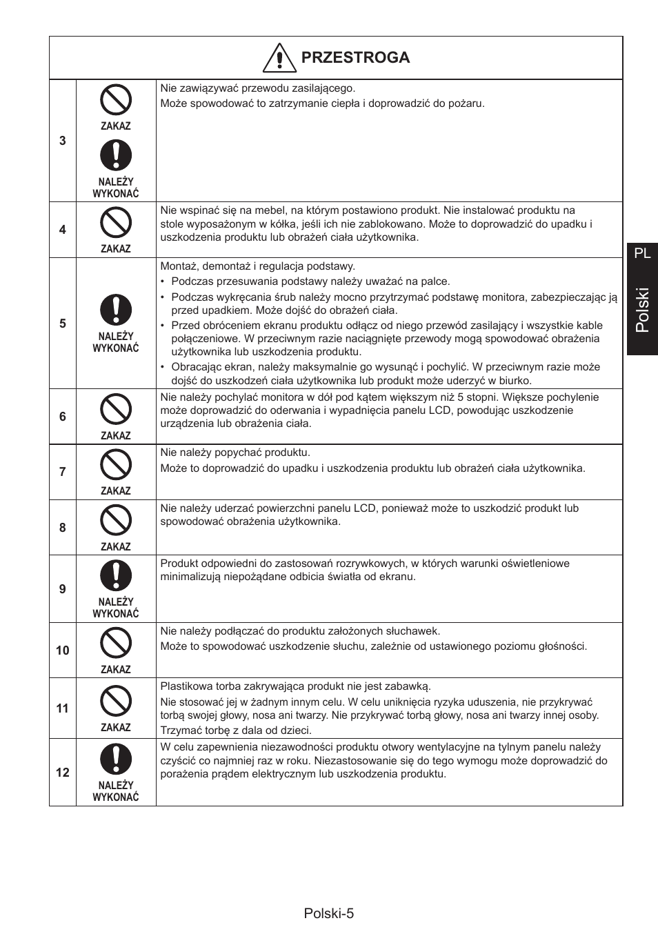 Polski, Przestroga, Polski-5 pl | NEC MultiSync E274FL 27" Monitor User Manual | Page 121 / 176