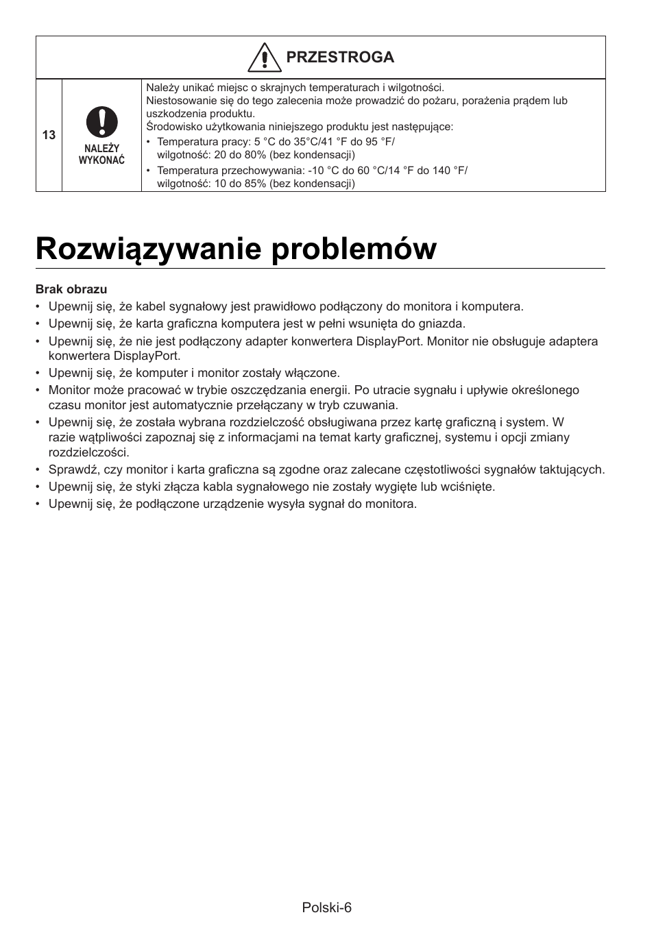 Rozwiązywanie problemów, Przestroga | NEC MultiSync E274FL 27" Monitor User Manual | Page 122 / 176