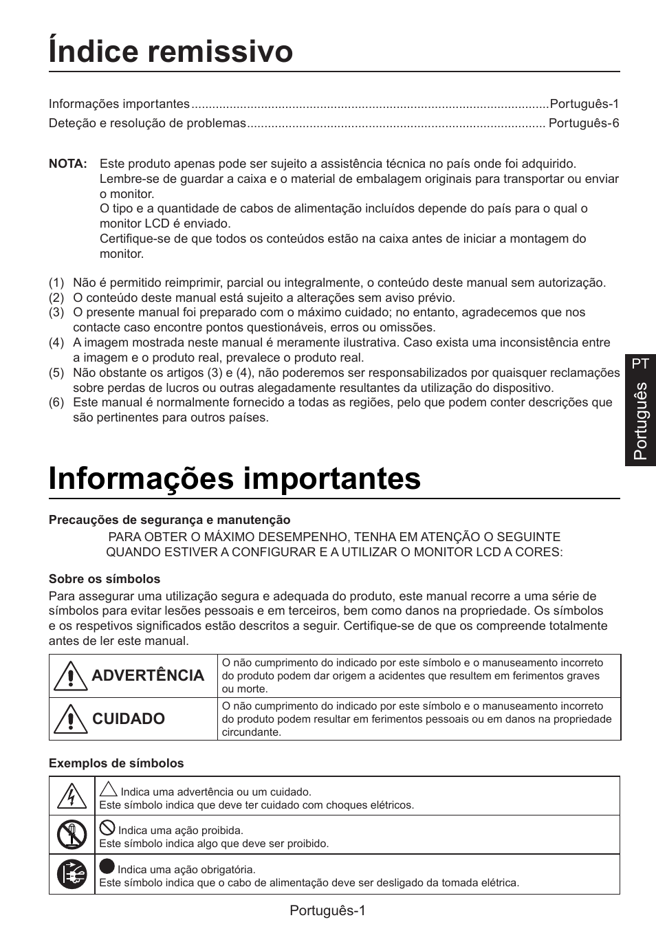 Manual de configuração, Índice remissivo, Informações importantes | Português | NEC MultiSync E274FL 27" Monitor User Manual | Page 123 / 176