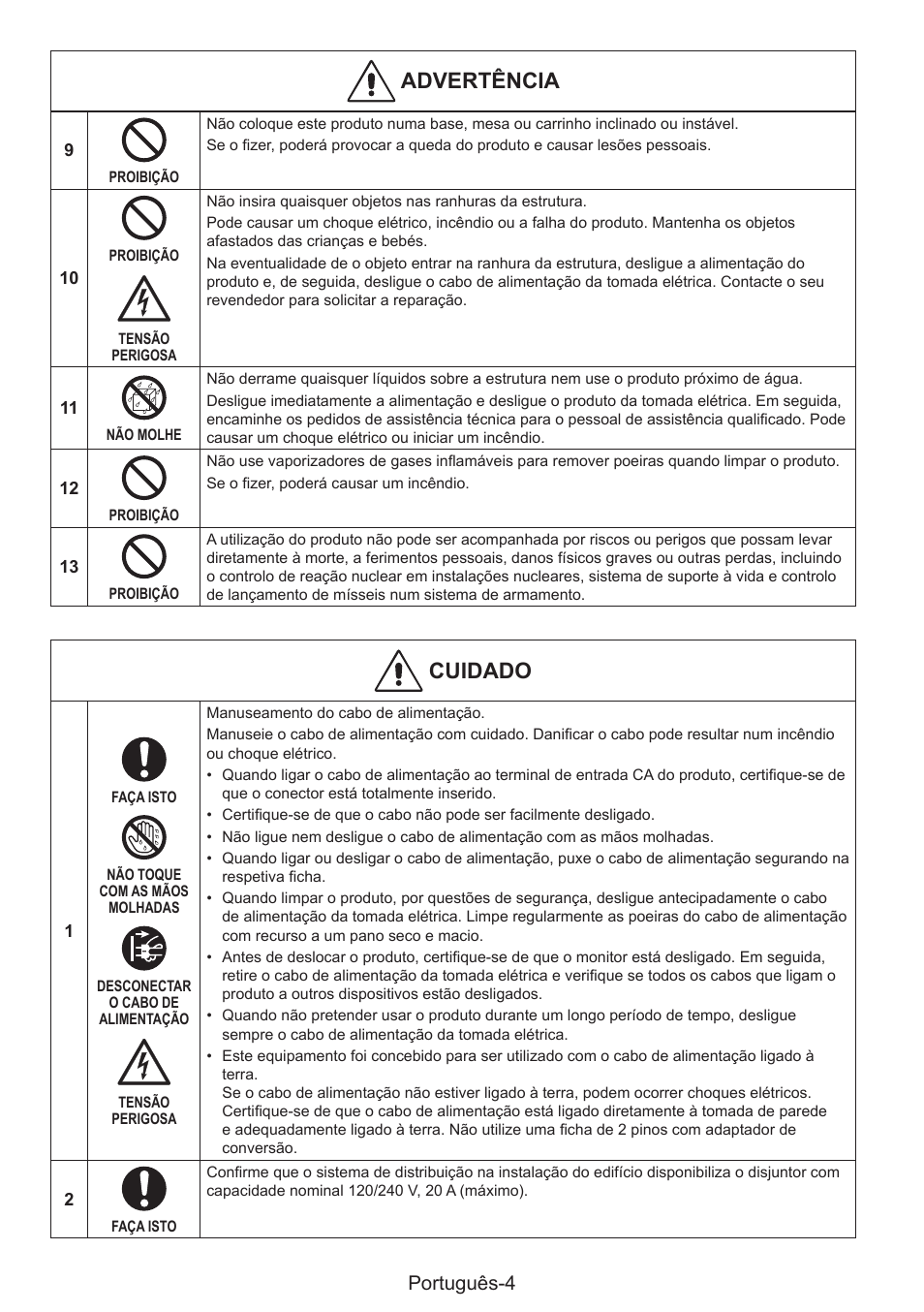 Advertência, Cuidado, Português-4 | NEC MultiSync E274FL 27" Monitor User Manual | Page 126 / 176