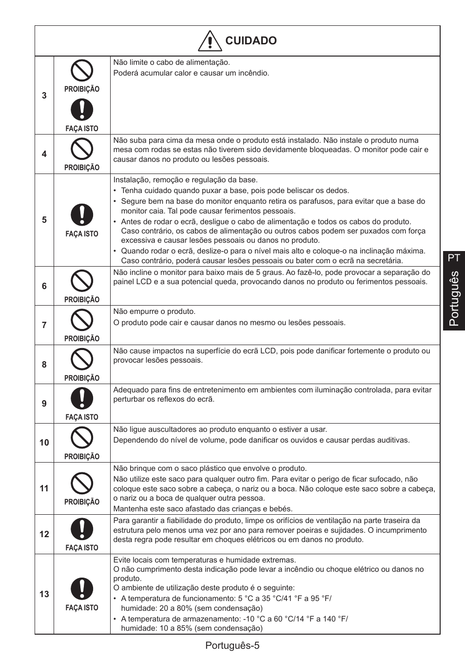 Português, Cuidado, Português-5 pt | NEC MultiSync E274FL 27" Monitor User Manual | Page 127 / 176