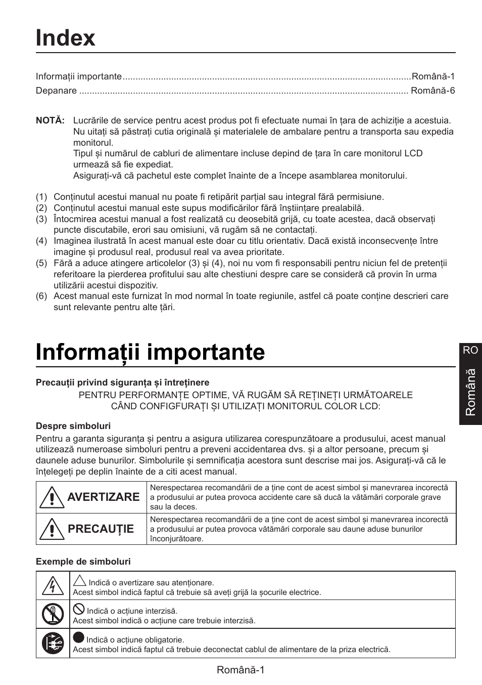 Manual de instalare, Index, Hnformații importante | Română | NEC MultiSync E274FL 27" Monitor User Manual | Page 129 / 176