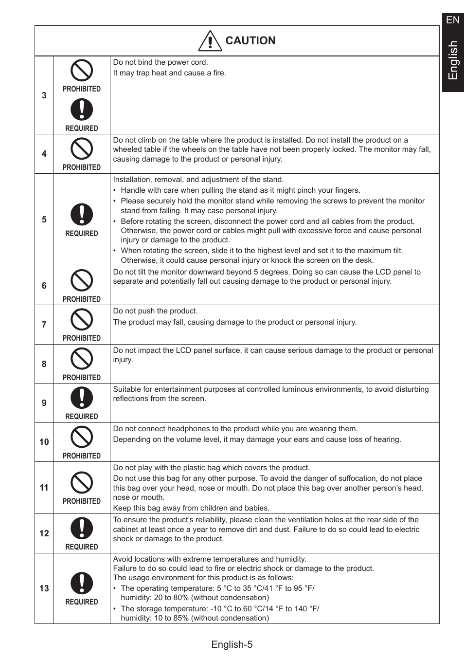 English, Caution, English-5 en | NEC MultiSync E274FL 27" Monitor User Manual | Page 13 / 176