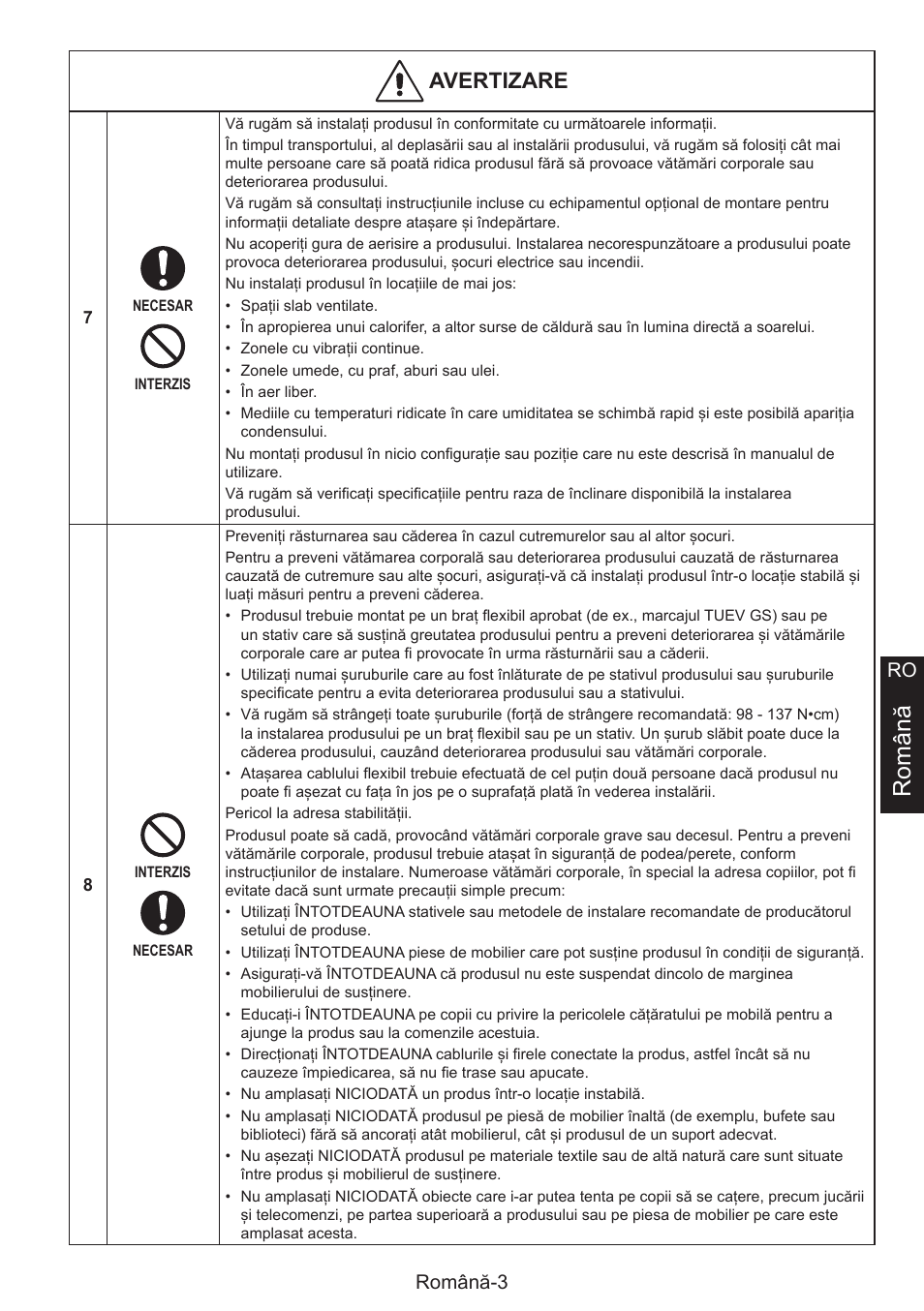 Română, Avertizare, Română-3 ro | NEC MultiSync E274FL 27" Monitor User Manual | Page 131 / 176