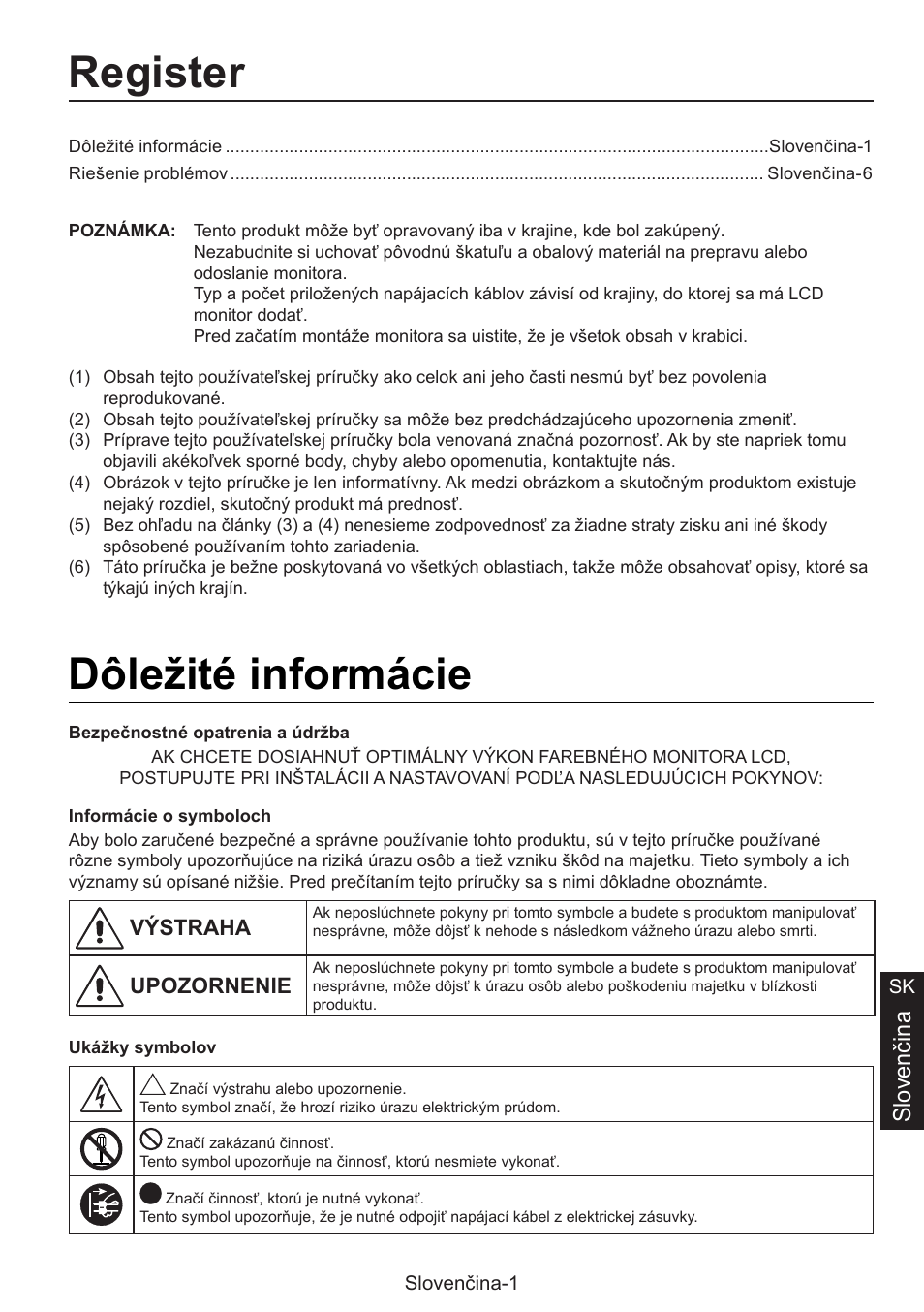 Príručka na nastavenie, Register, Dôležité informácie | Slovenčina | NEC MultiSync E274FL 27" Monitor User Manual | Page 141 / 176