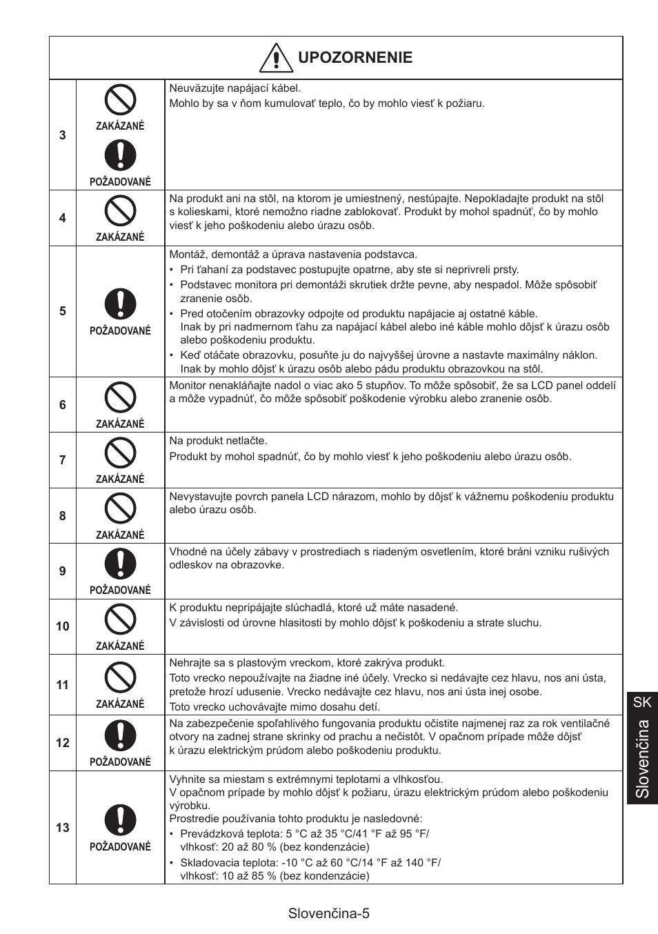 Slovenčina, Upozornenie, Slovenčina-5 sk | NEC MultiSync E274FL 27" Monitor User Manual | Page 145 / 176