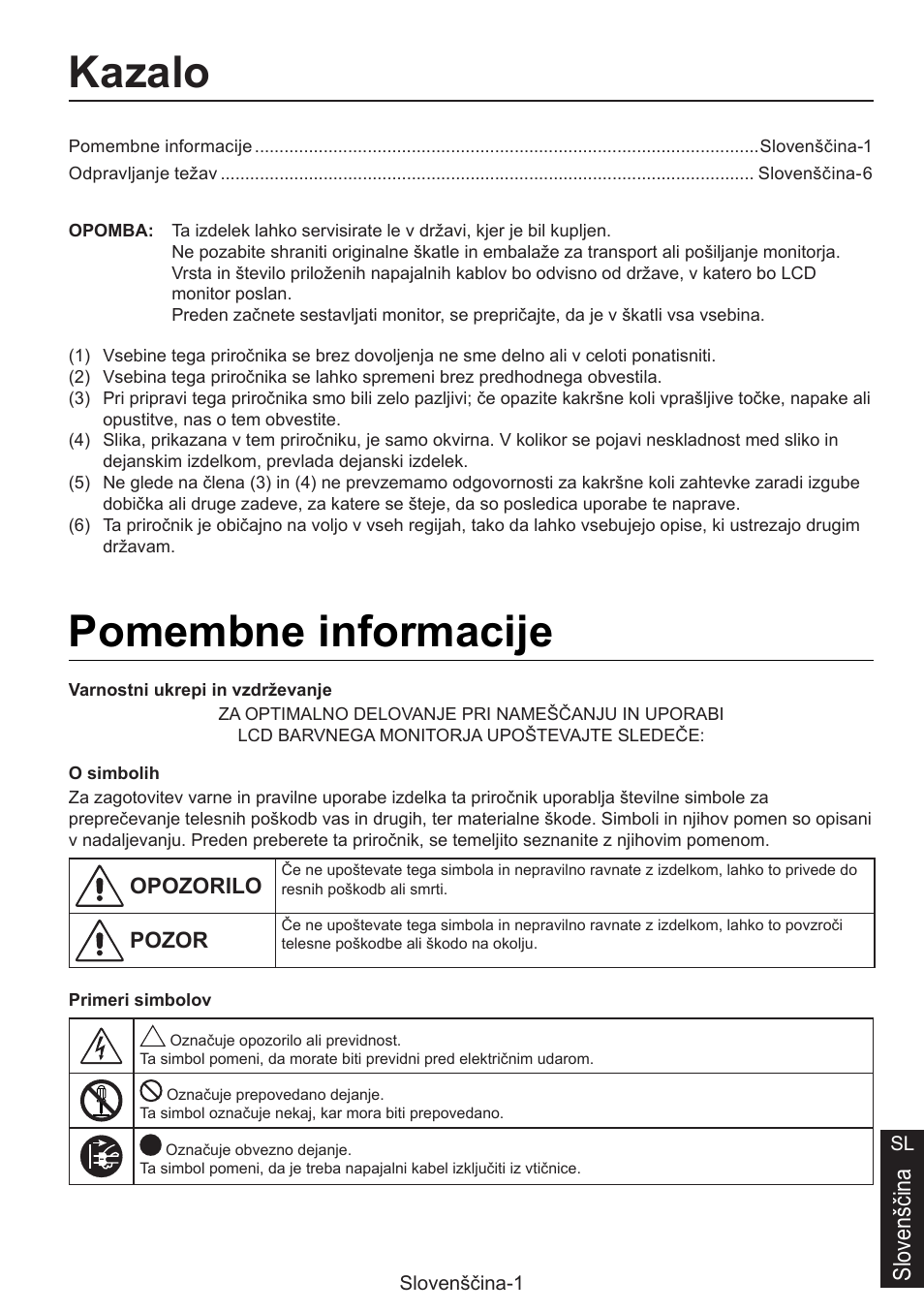 Priročnik za namestitev, Kazalo, Pomembne informacije | Slovenščina | NEC MultiSync E274FL 27" Monitor User Manual | Page 147 / 176