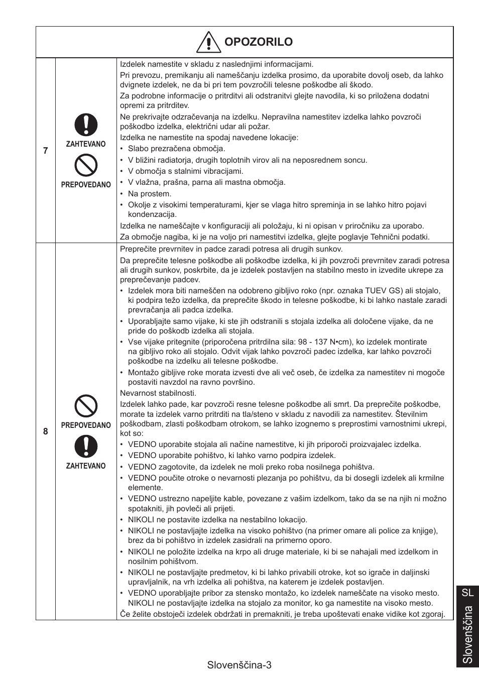 Slovenščina, Opozorilo, Slovenščina-3 sl | NEC MultiSync E274FL 27" Monitor User Manual | Page 149 / 176