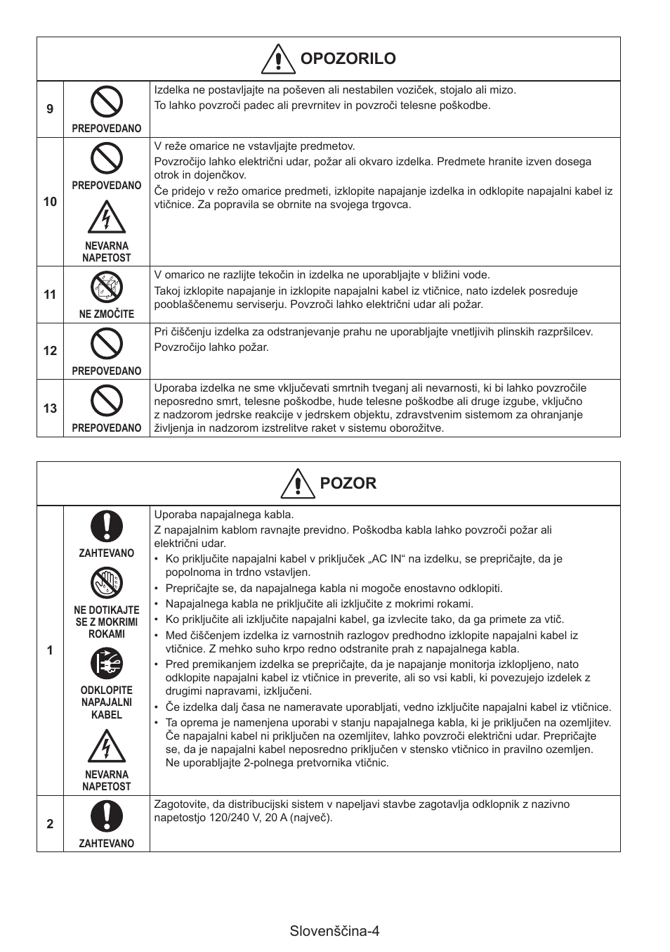 Opozorilo, Pozor, Slovenščina-4 | NEC MultiSync E274FL 27" Monitor User Manual | Page 150 / 176