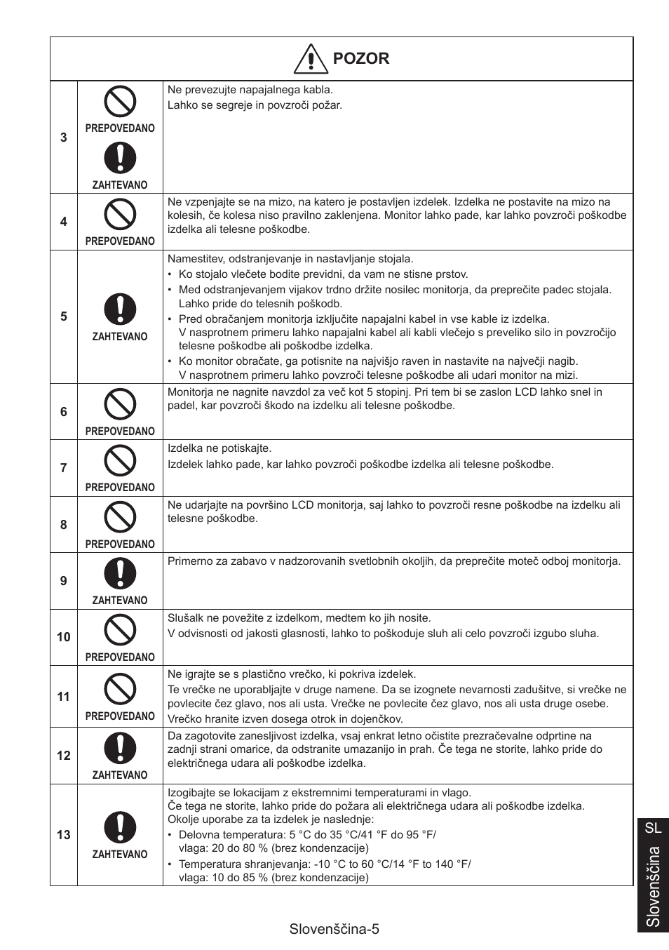 Slovenščina, Pozor, Slovenščina-5 sl | NEC MultiSync E274FL 27" Monitor User Manual | Page 151 / 176