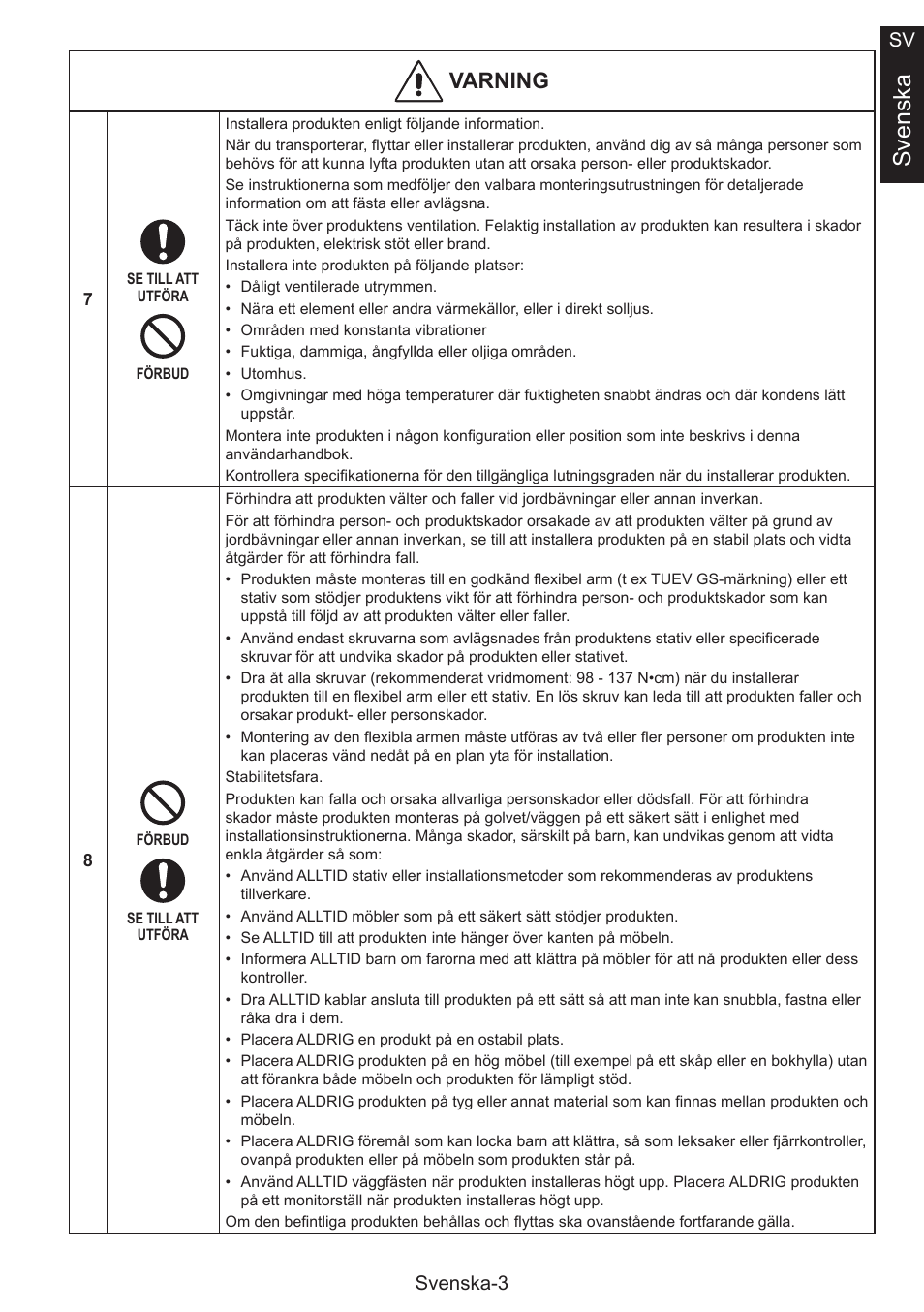 Svenska, Varning, Svenska-3 sv | NEC MultiSync E274FL 27" Monitor User Manual | Page 155 / 176