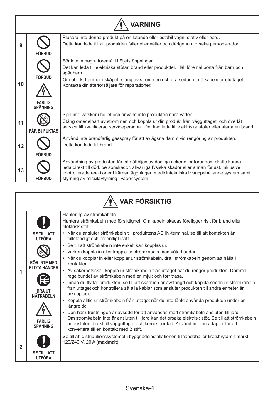 Varning, Var försiktig, Svenska-4 | NEC MultiSync E274FL 27" Monitor User Manual | Page 156 / 176