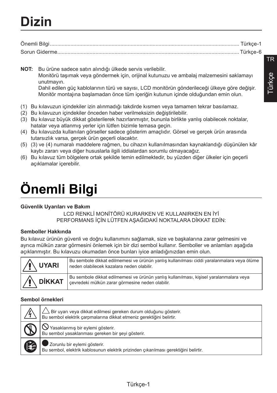 Kurulum kılavuzu, Dizin, Önemli bilgi | Türkçe | NEC MultiSync E274FL 27" Monitor User Manual | Page 159 / 176