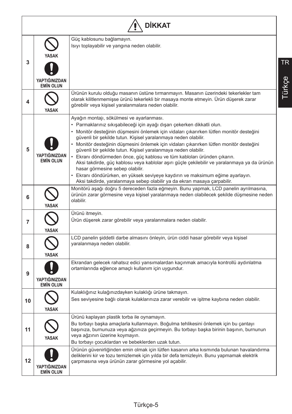 Türkçe, Di̇mmko, Türkçe-5 tr | NEC MultiSync E274FL 27" Monitor User Manual | Page 163 / 176