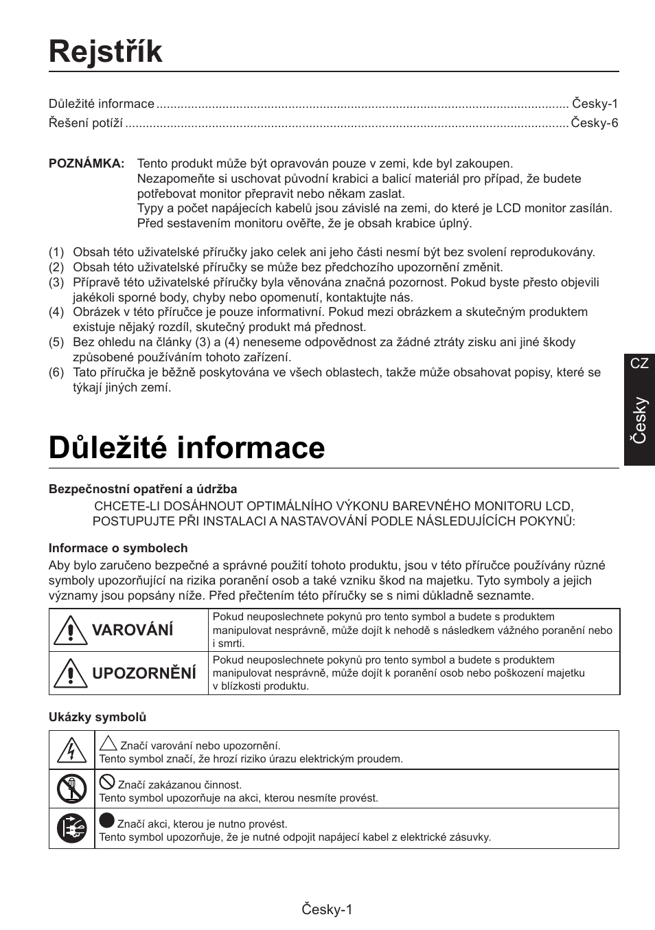 Instalační příručka, Rejstřík, Důležité informace | Česky | NEC MultiSync E274FL 27" Monitor User Manual | Page 27 / 176