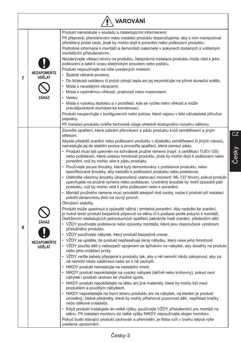 Česky, Varování, Česky-3 cz | NEC MultiSync E274FL 27" Monitor User Manual | Page 29 / 176