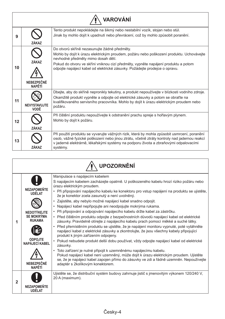 Varování, Unonrěí, Česky-4 | NEC MultiSync E274FL 27" Monitor User Manual | Page 30 / 176