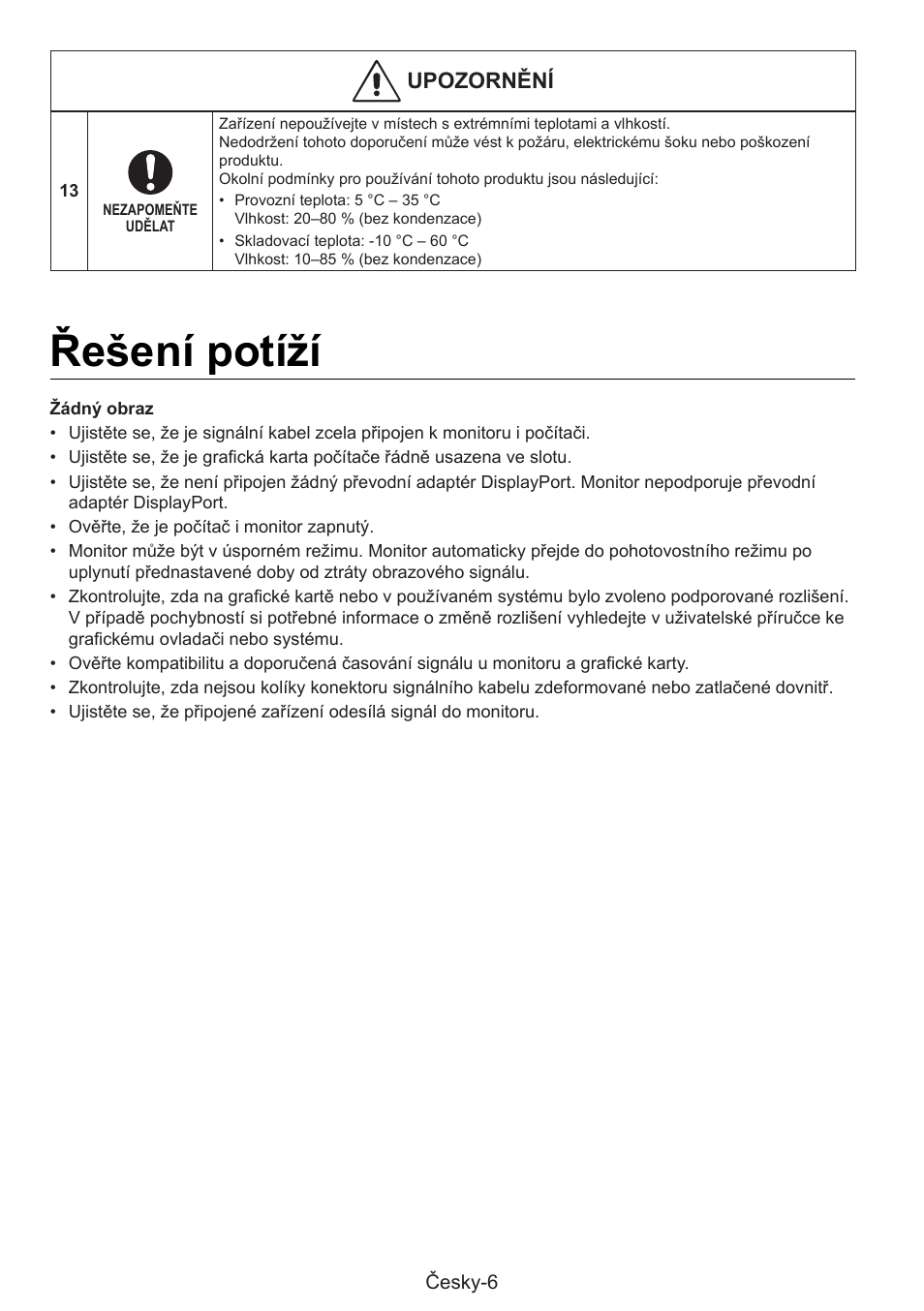 Řešení potíží, Unonrěí | NEC MultiSync E274FL 27" Monitor User Manual | Page 32 / 176