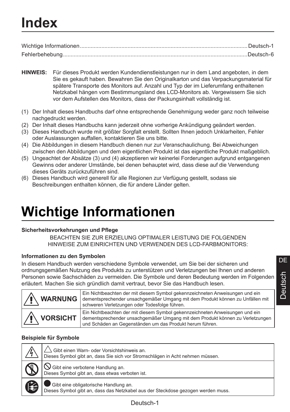 Installationsanweisung, Index, Wichtige informationen | Deutsch | NEC MultiSync E274FL 27" Monitor User Manual | Page 39 / 176