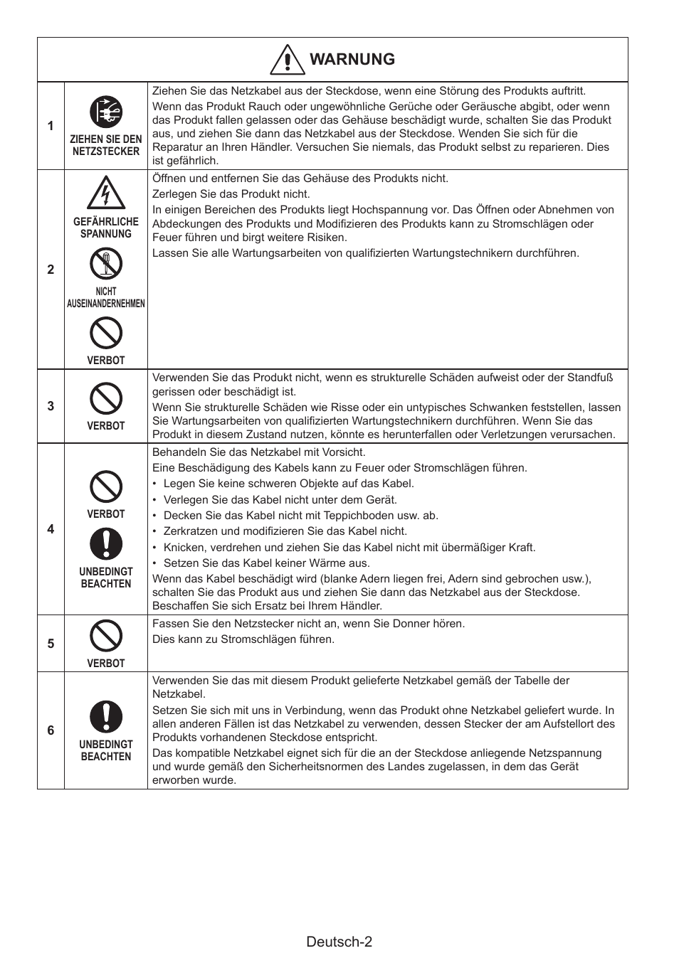 Warnung, Deutsch-2 | NEC MultiSync E274FL 27" Monitor User Manual | Page 40 / 176