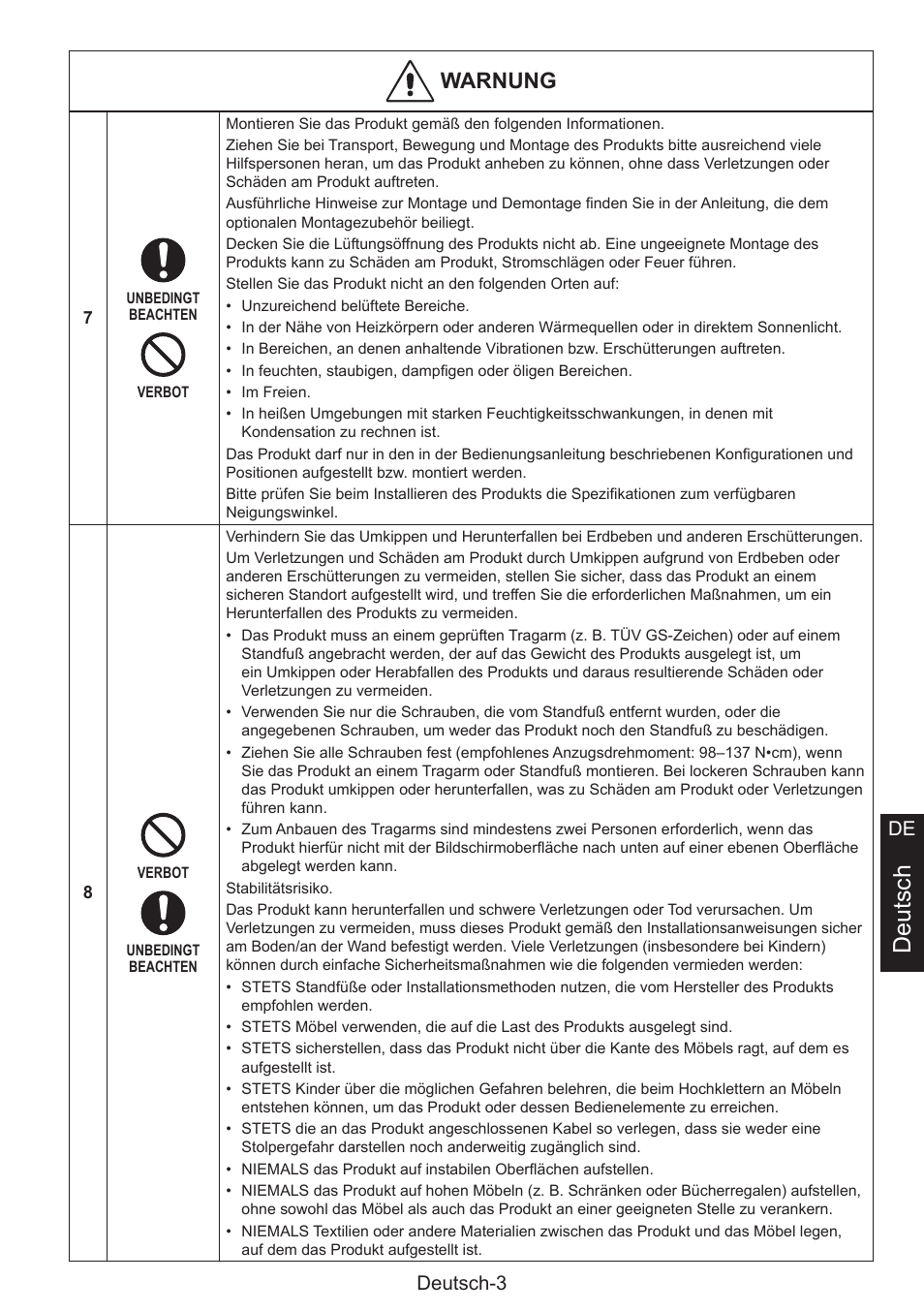 Deutsch, Warnung, Deutsch-3 de | NEC MultiSync E274FL 27" Monitor User Manual | Page 41 / 176