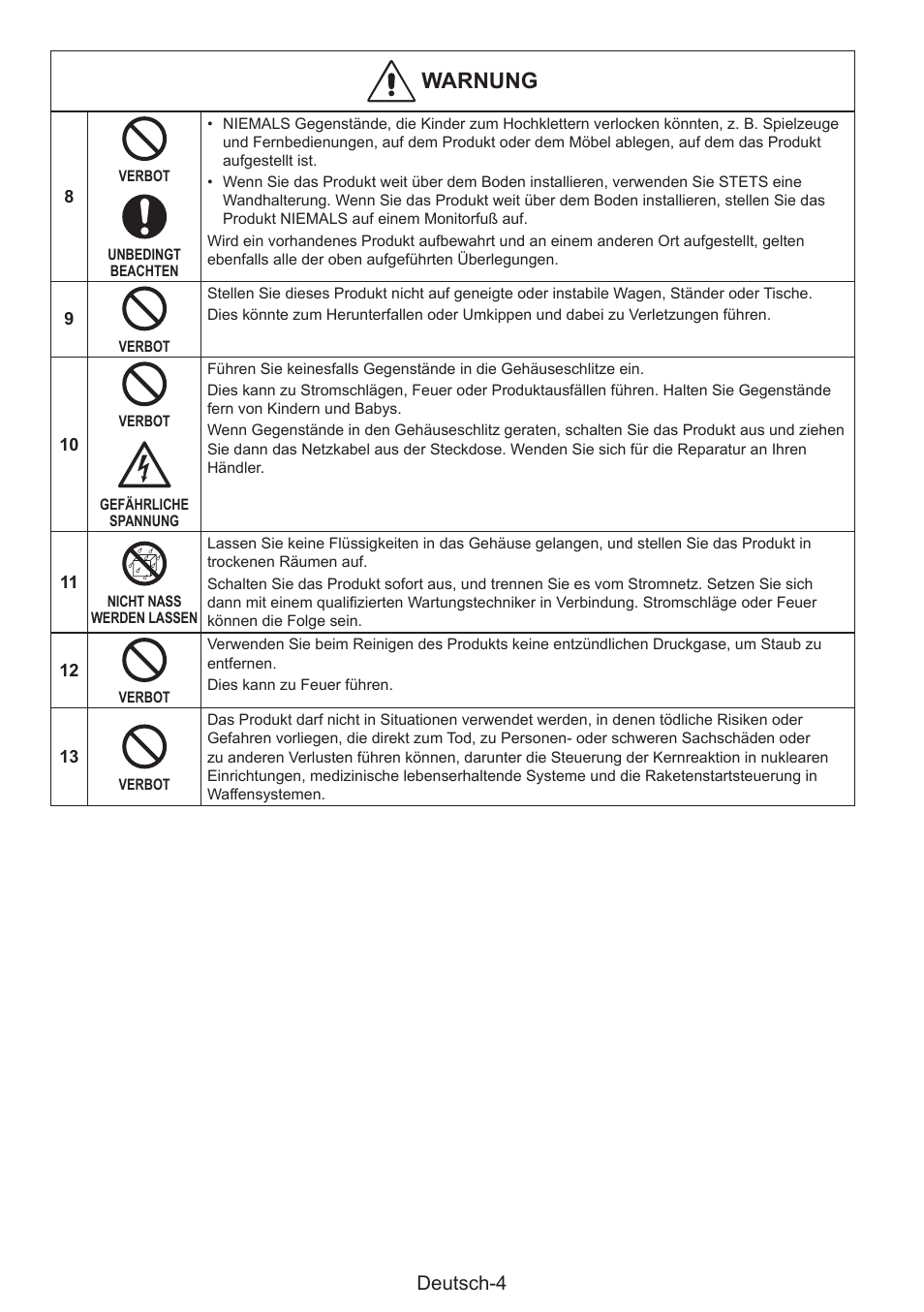 Warnung, Deutsch-4 | NEC MultiSync E274FL 27" Monitor User Manual | Page 42 / 176