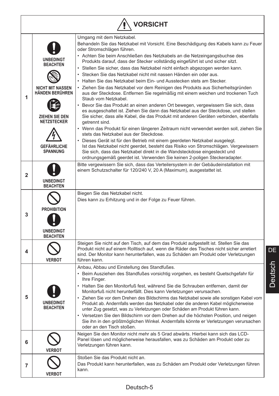 Deutsch, Vorsicht, Deutsch-5 de | NEC MultiSync E274FL 27" Monitor User Manual | Page 43 / 176