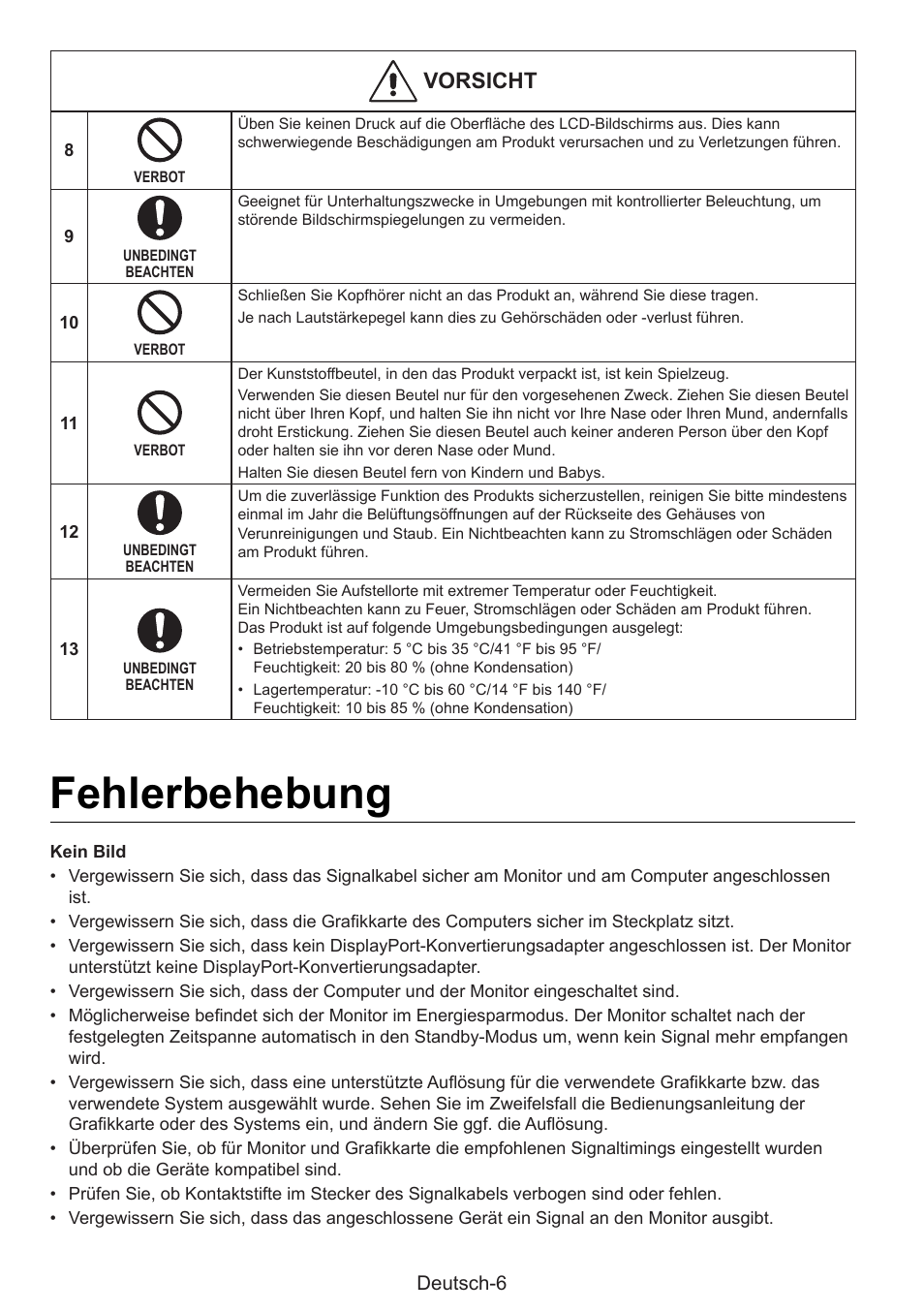 Fehlerbehebung, Vorsicht | NEC MultiSync E274FL 27" Monitor User Manual | Page 44 / 176