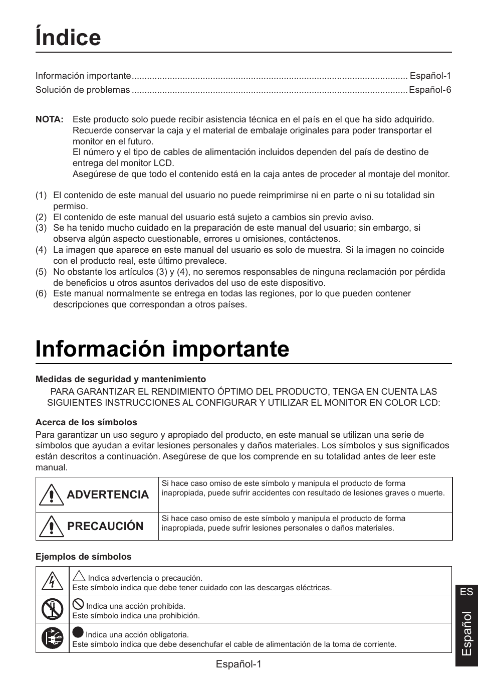 Manual de configuración, Índice, Información importante | Español | NEC MultiSync E274FL 27" Monitor User Manual | Page 51 / 176