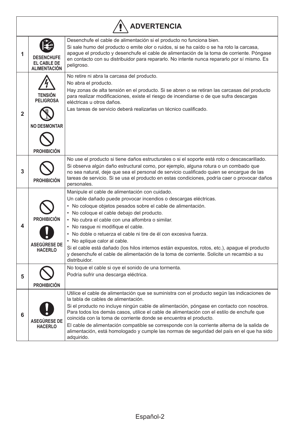 Advertencia, Español-2 | NEC MultiSync E274FL 27" Monitor User Manual | Page 52 / 176