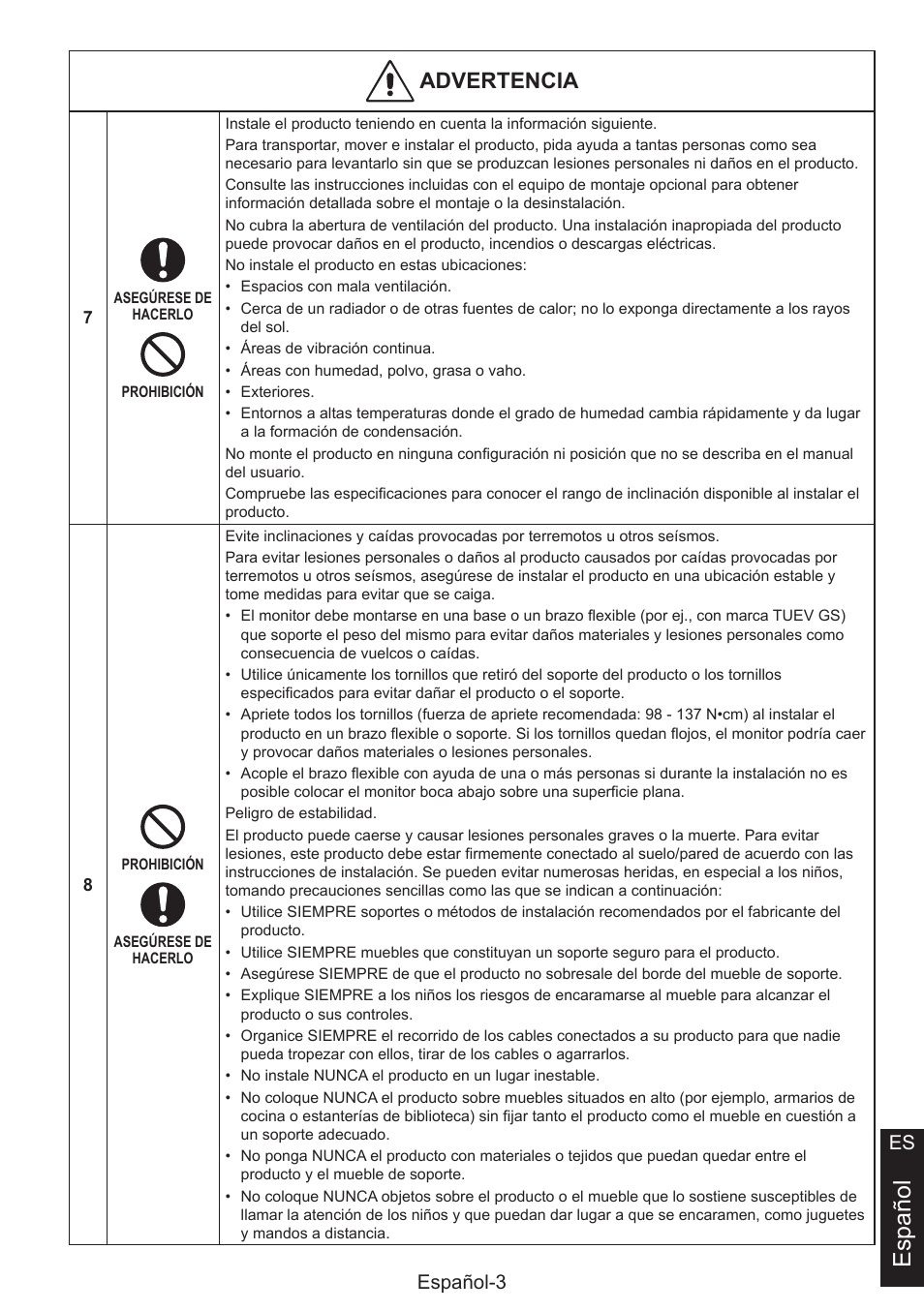 Español, Advertencia, Español-3 es | NEC MultiSync E274FL 27" Monitor User Manual | Page 53 / 176