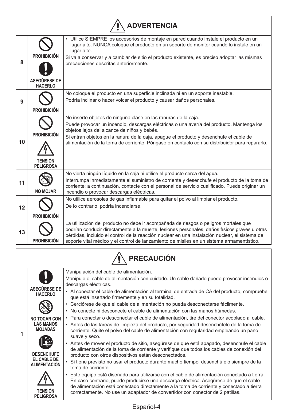 Advertencia, Precaución, Español-4 | NEC MultiSync E274FL 27" Monitor User Manual | Page 54 / 176