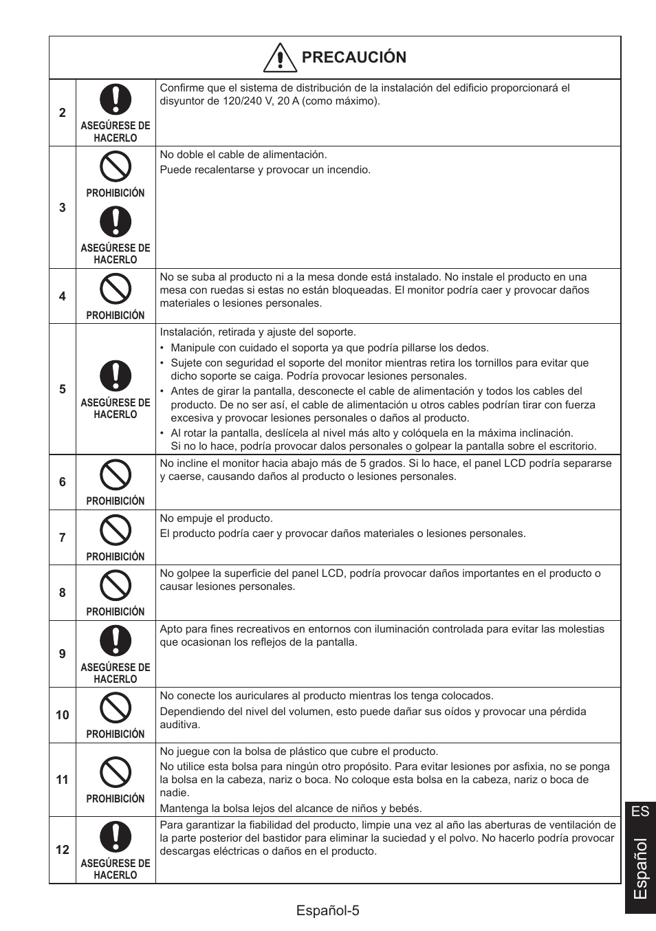 Español, Precaución, Español-5 es | NEC MultiSync E274FL 27" Monitor User Manual | Page 55 / 176