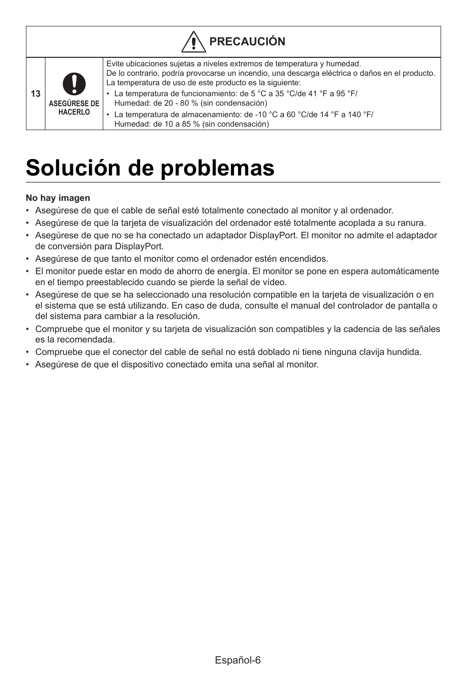 Solución de problemas, Precaución | NEC MultiSync E274FL 27" Monitor User Manual | Page 56 / 176