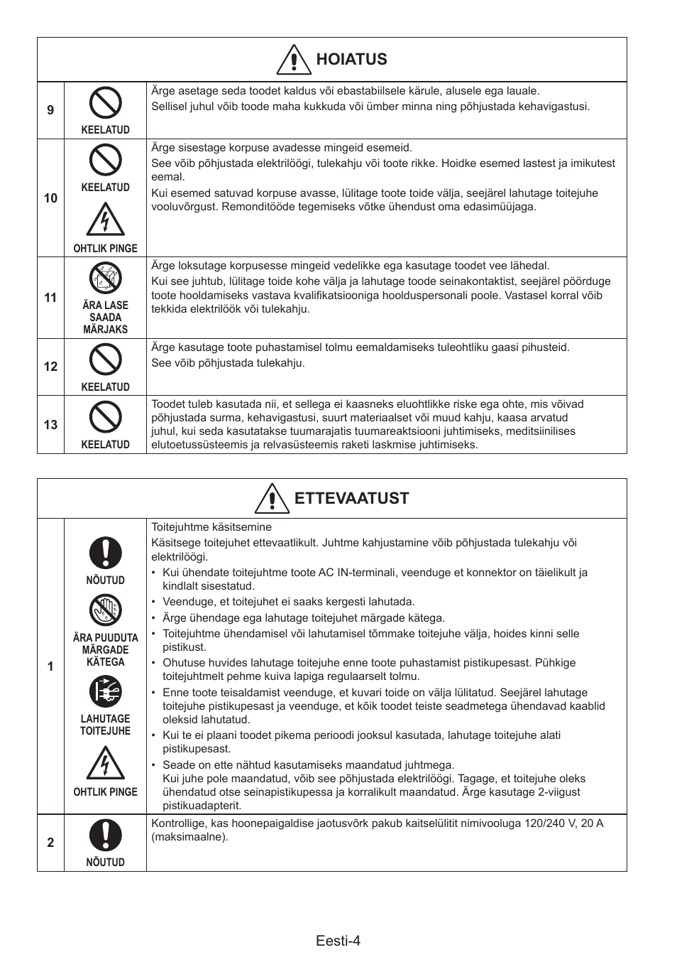 Hoiatus, Ettevaatust, Eesti-4 | NEC MultiSync E274FL 27" Monitor User Manual | Page 60 / 176