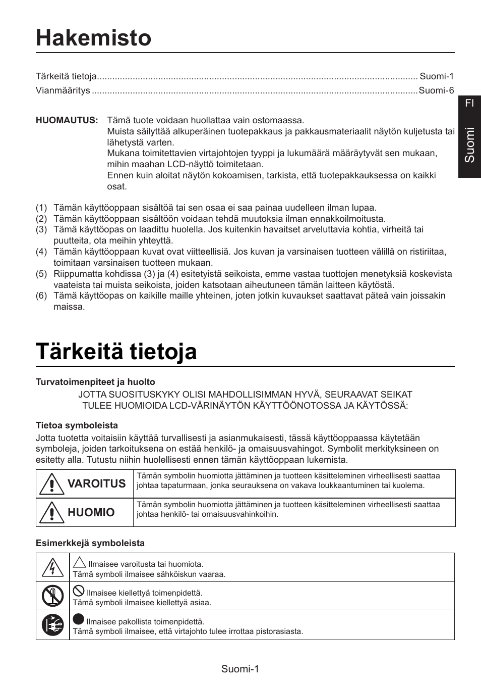 Asetusopas, Hakemisto, Tärkeitä tietoja | Suomi | NEC MultiSync E274FL 27" Monitor User Manual | Page 63 / 176