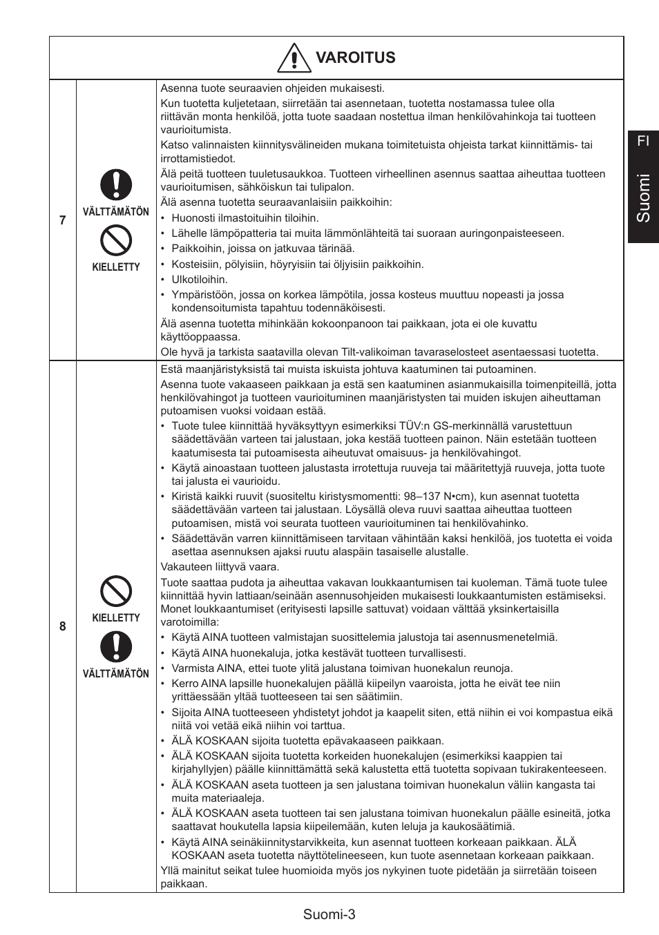 Suomi, Varoitus, Suomi-3 fi | NEC MultiSync E274FL 27" Monitor User Manual | Page 65 / 176