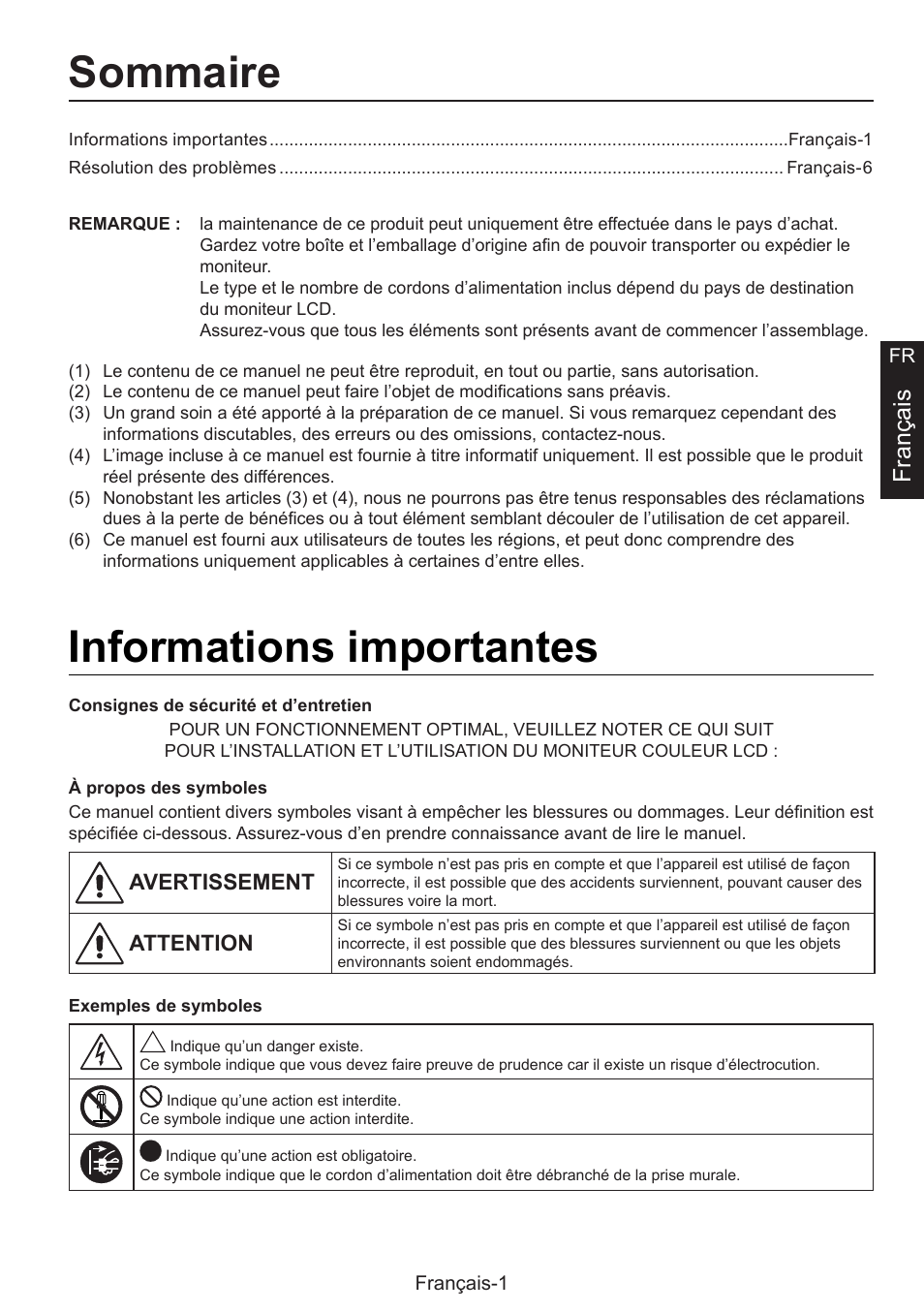 Manuel d’installation, Sommaire, Informations importantes | Français | NEC MultiSync E274FL 27" Monitor User Manual | Page 69 / 176