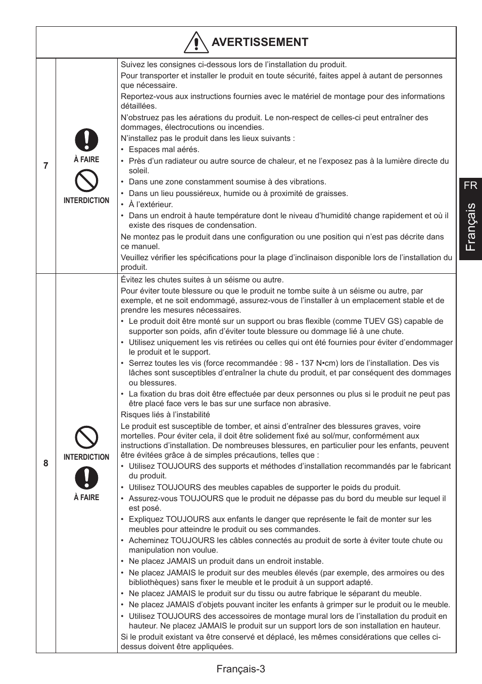 Français, Avertissement, Français-3 fr | NEC MultiSync E274FL 27" Monitor User Manual | Page 71 / 176