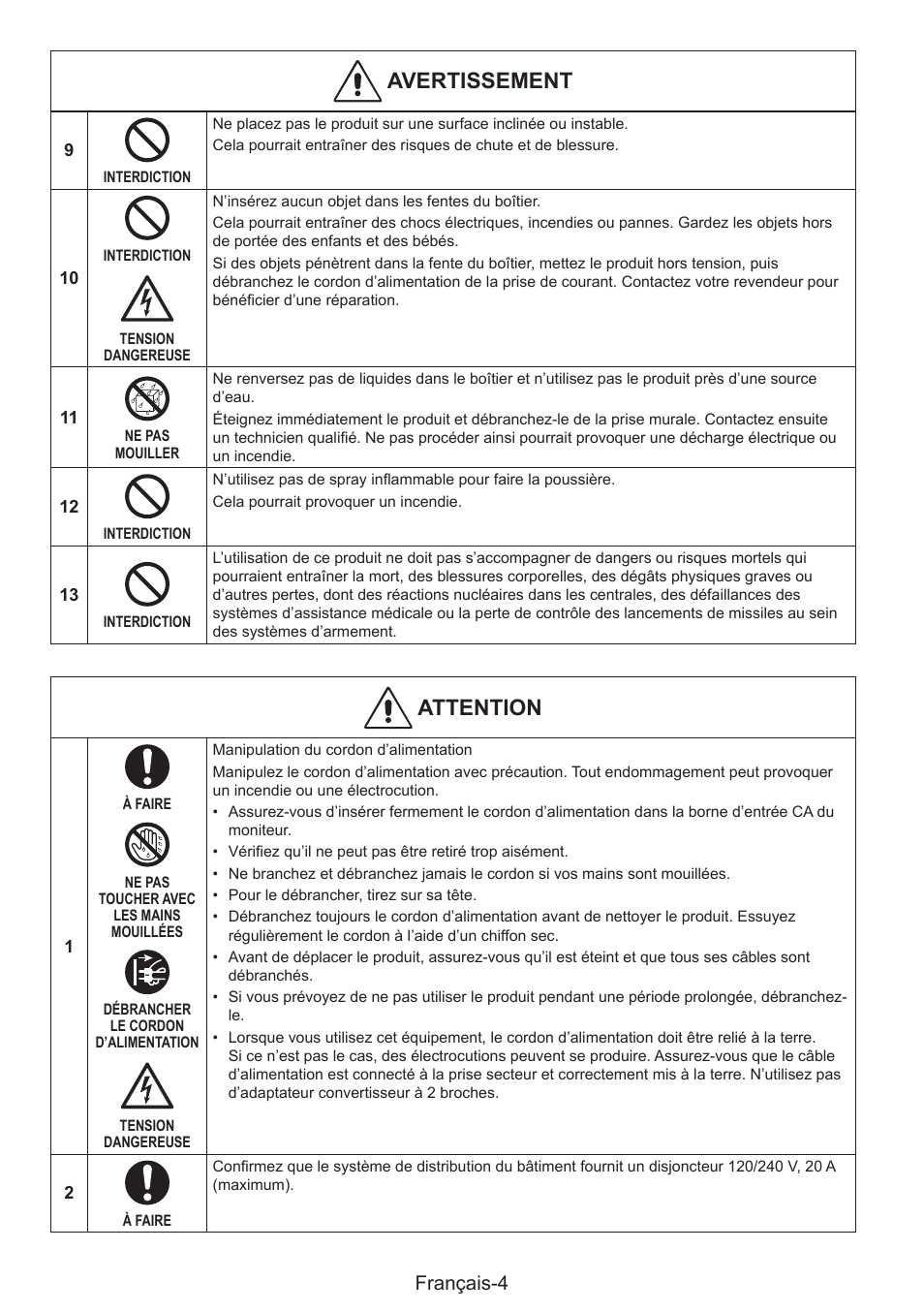 Avertissement, Attention, Français-4 | NEC MultiSync E274FL 27" Monitor User Manual | Page 72 / 176