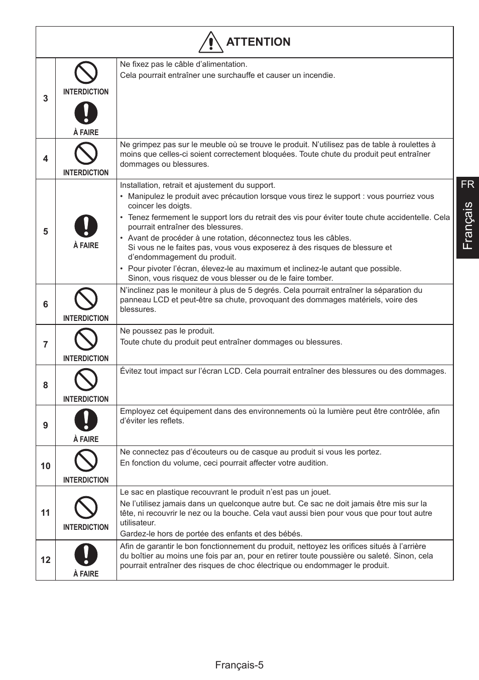 Français, Attention, Français-5 fr | NEC MultiSync E274FL 27" Monitor User Manual | Page 73 / 176