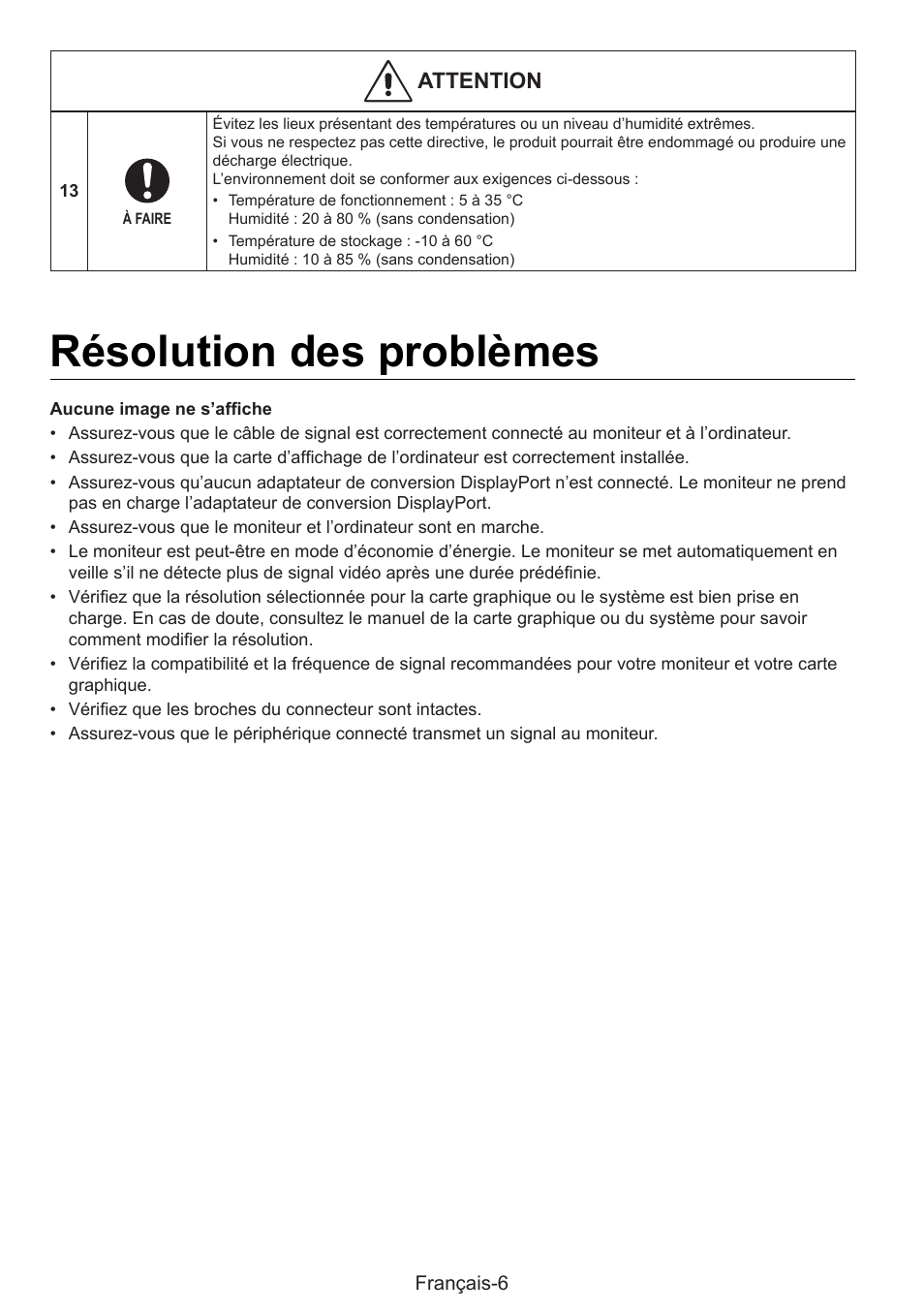 Résolution des problèmes, Attention | NEC MultiSync E274FL 27" Monitor User Manual | Page 74 / 176