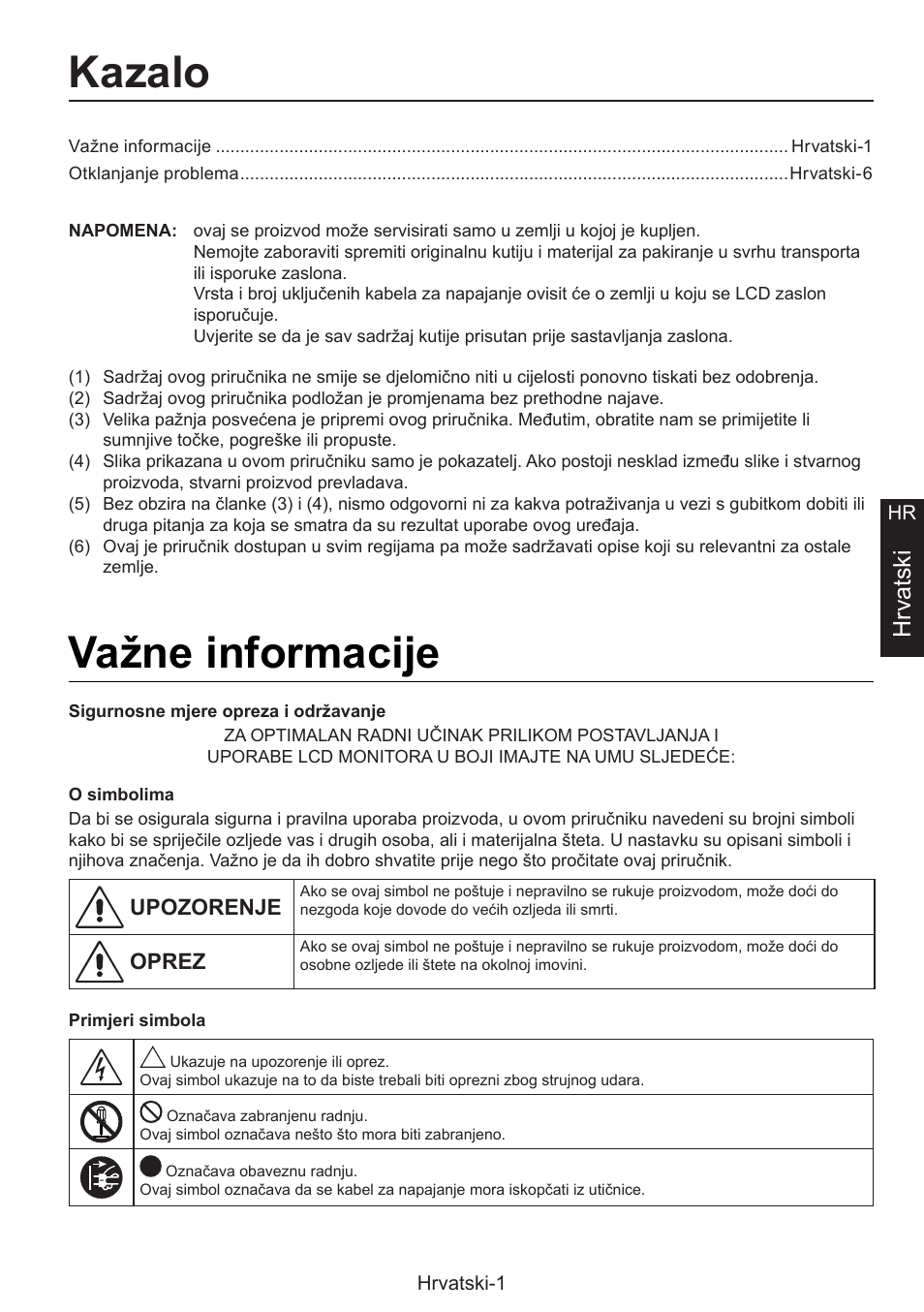 Priručnik za postavljanje, Kazalo, Važne informacije | Hrvatski | NEC MultiSync E274FL 27" Monitor User Manual | Page 75 / 176